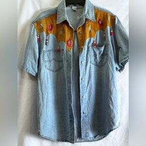 ZANA-DI Denim Top With Native American Suede Accents & Beading Women Vintage S-M